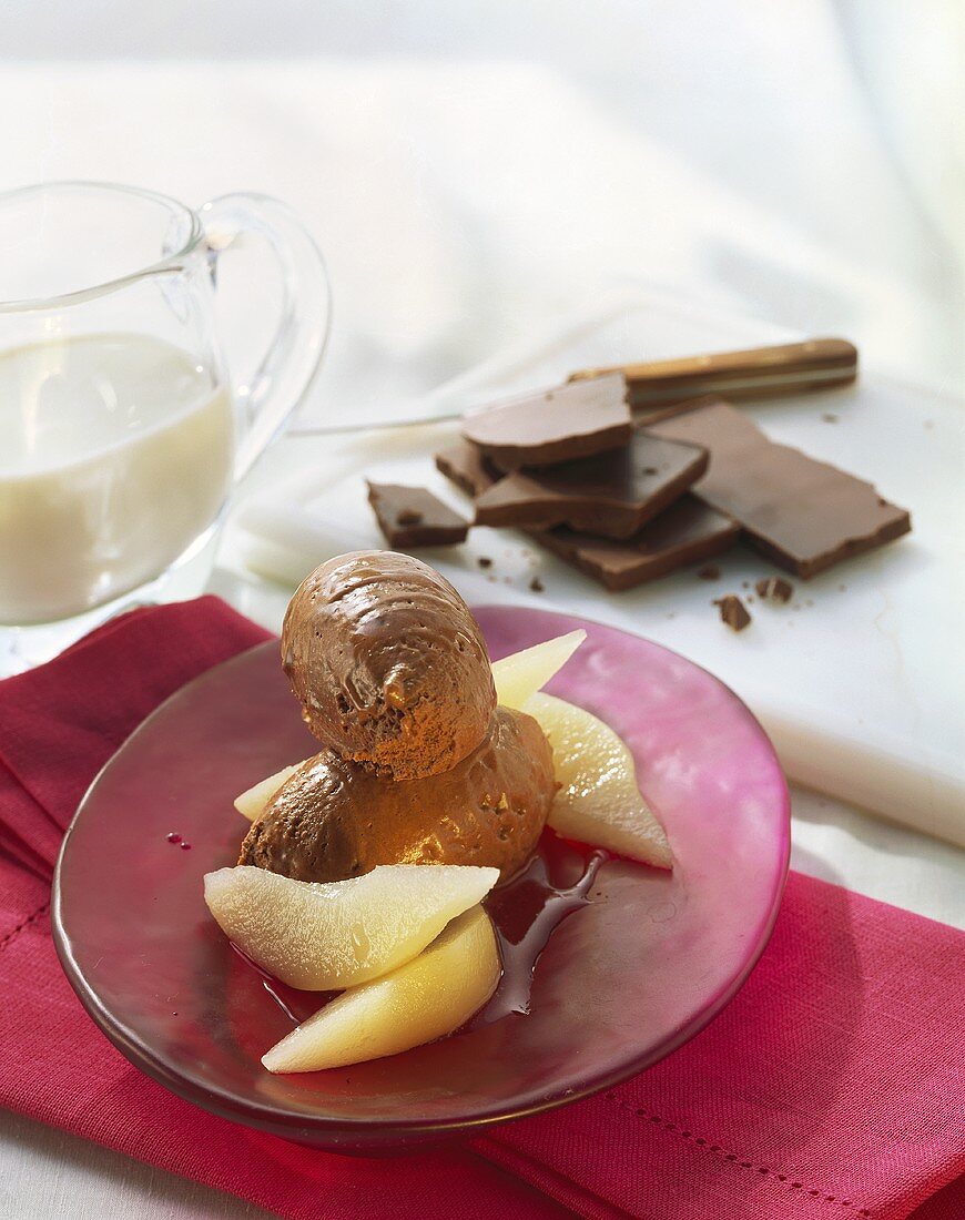 Mousse au chocolat with wedges of pear
