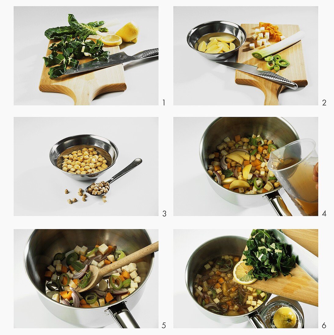 Making chick-pea stew with chard and lemon