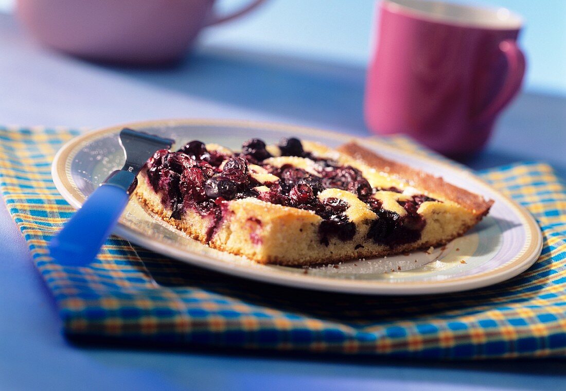 Piece of blueberry & almond cake with icing sugar