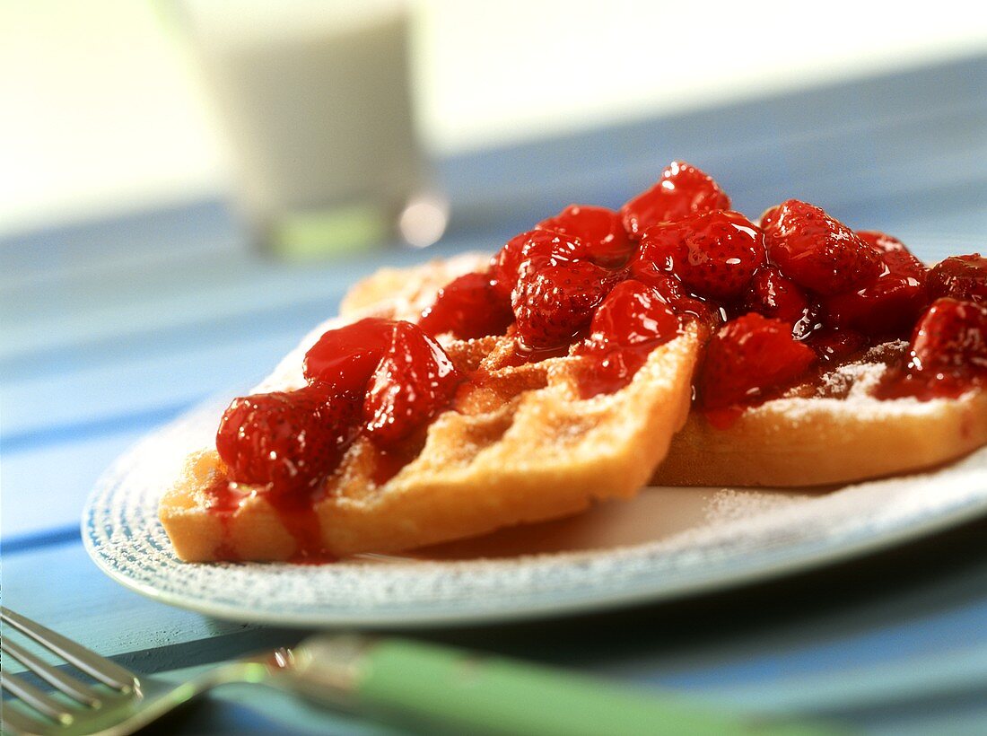 Waffles with strawberry jam with pieces of fruit