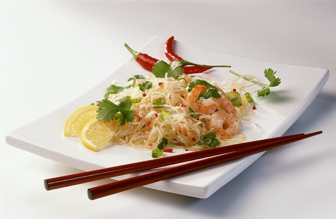 Glass noodle salad with shrimps, coriander leaves & chili