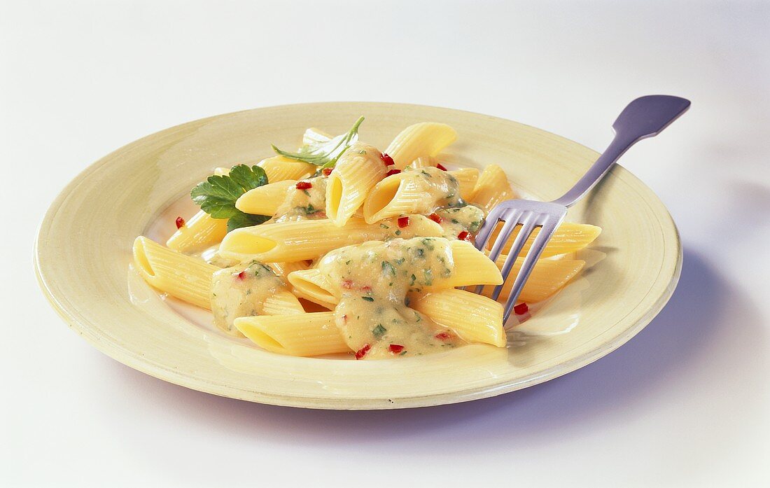 Penne with chick-pea and herb mousse and chili