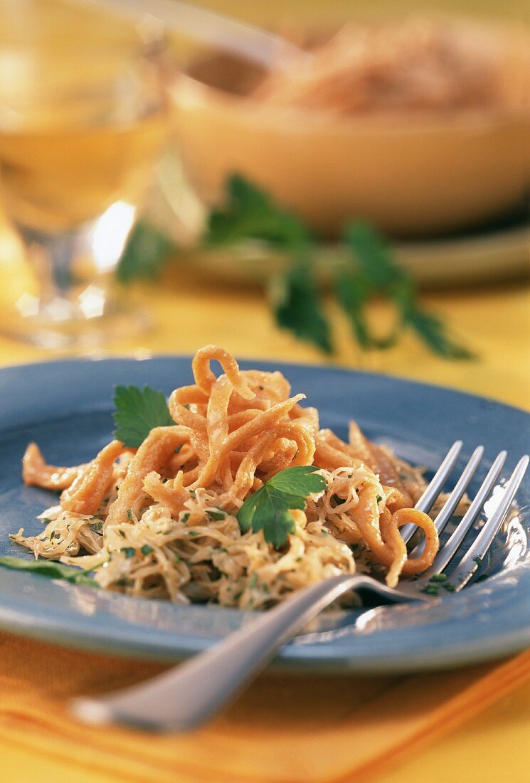 Home-made spelt noodles (Spaetzle) with sauerkraut & parsley