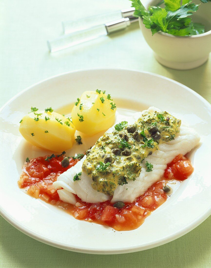 Cod with herbs with boiled potatoes and tomato sauce