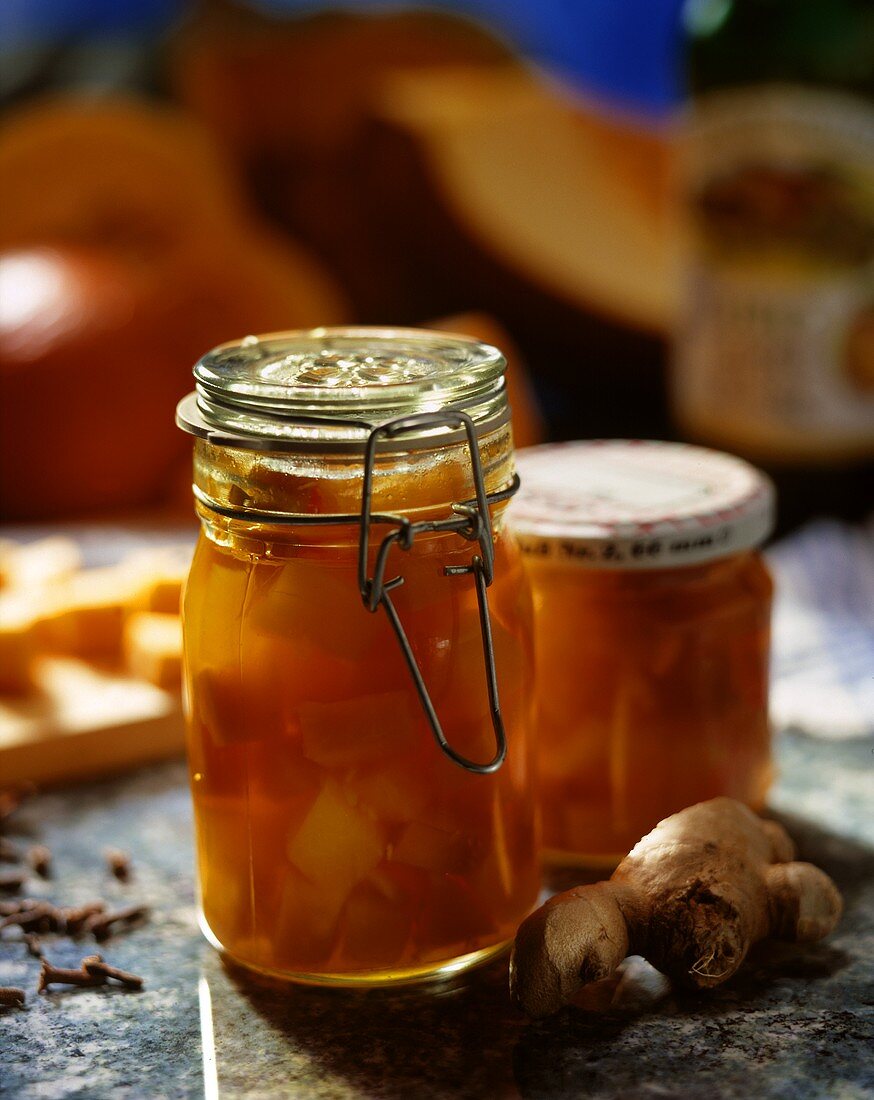 Sweet and sour ginger pumpkin in preserving jars