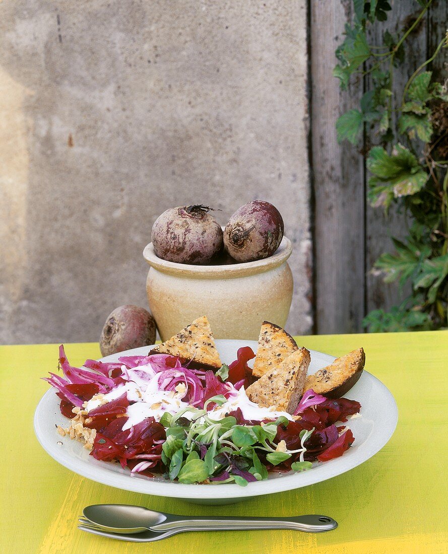 Rote-Bete-Salat mit Knoblauchbaguette