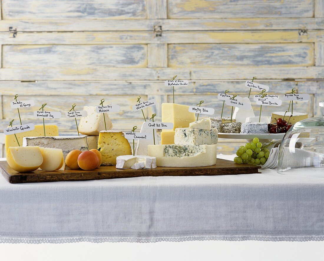 Various cheeses with flags on table