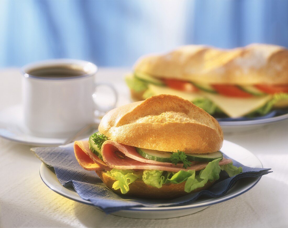 Sandwich with Bierschinken, cheese baguette and coffee