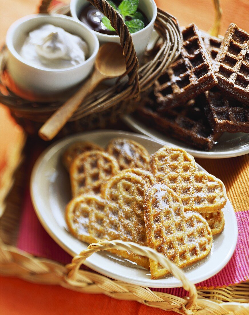 Cocoa waffles and hazelnut waffles; cream 