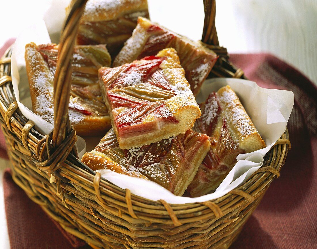 Pieces of rhubarb cake in a basket