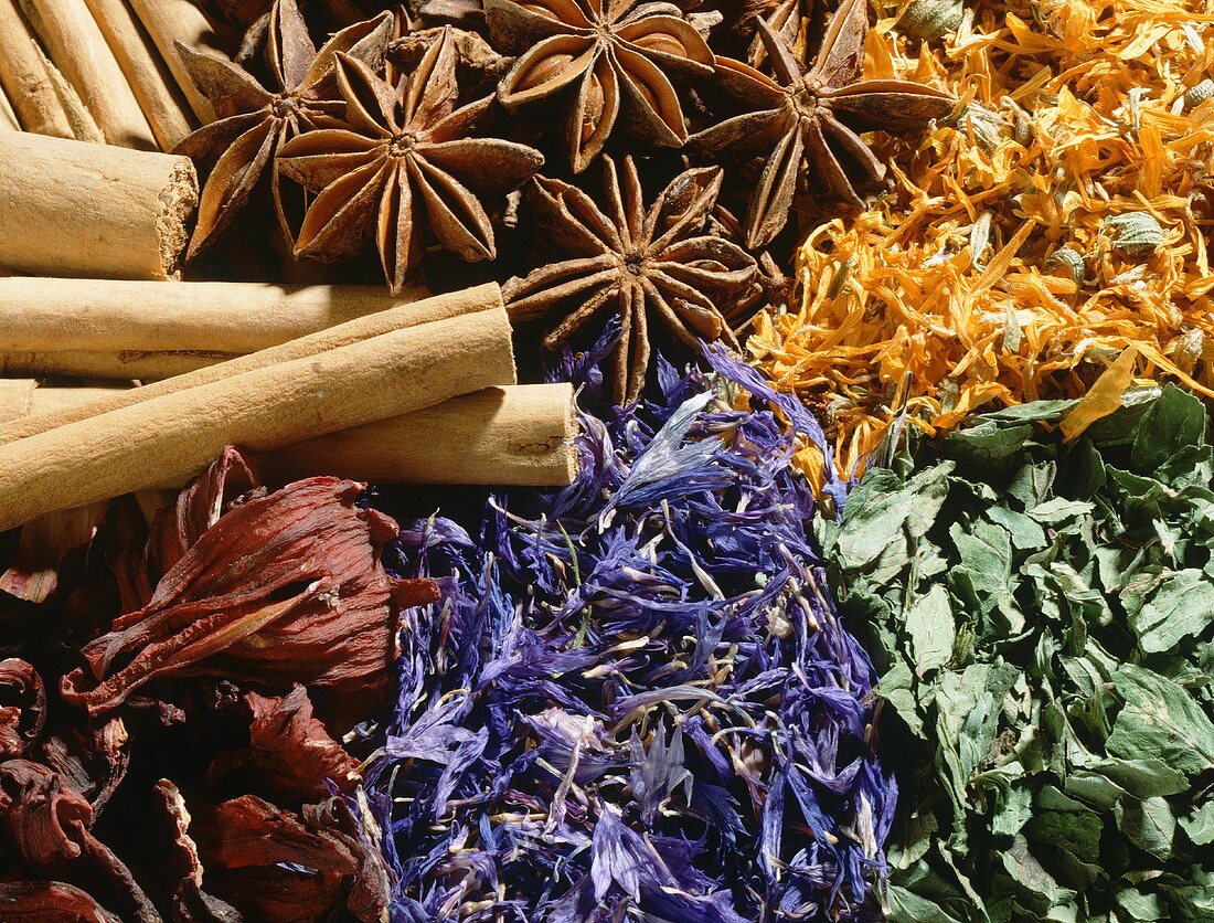 Getrocknete Kräuter, Blüten und Gewürze