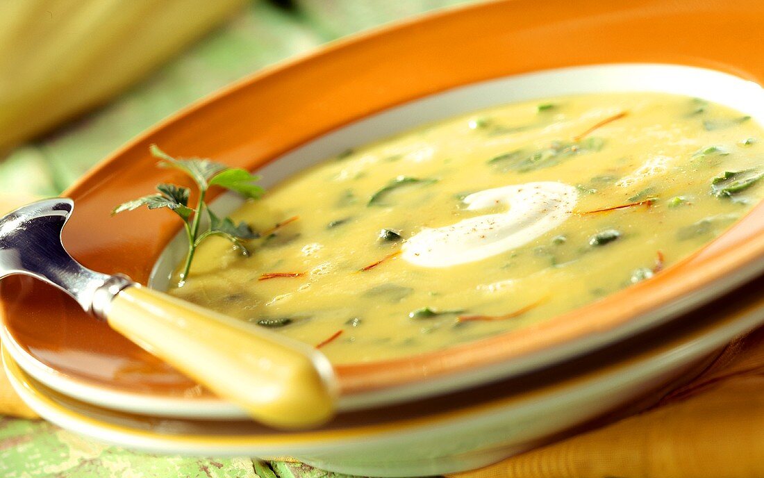 Joghurt-Spinat-Suppe mit Safranfäden