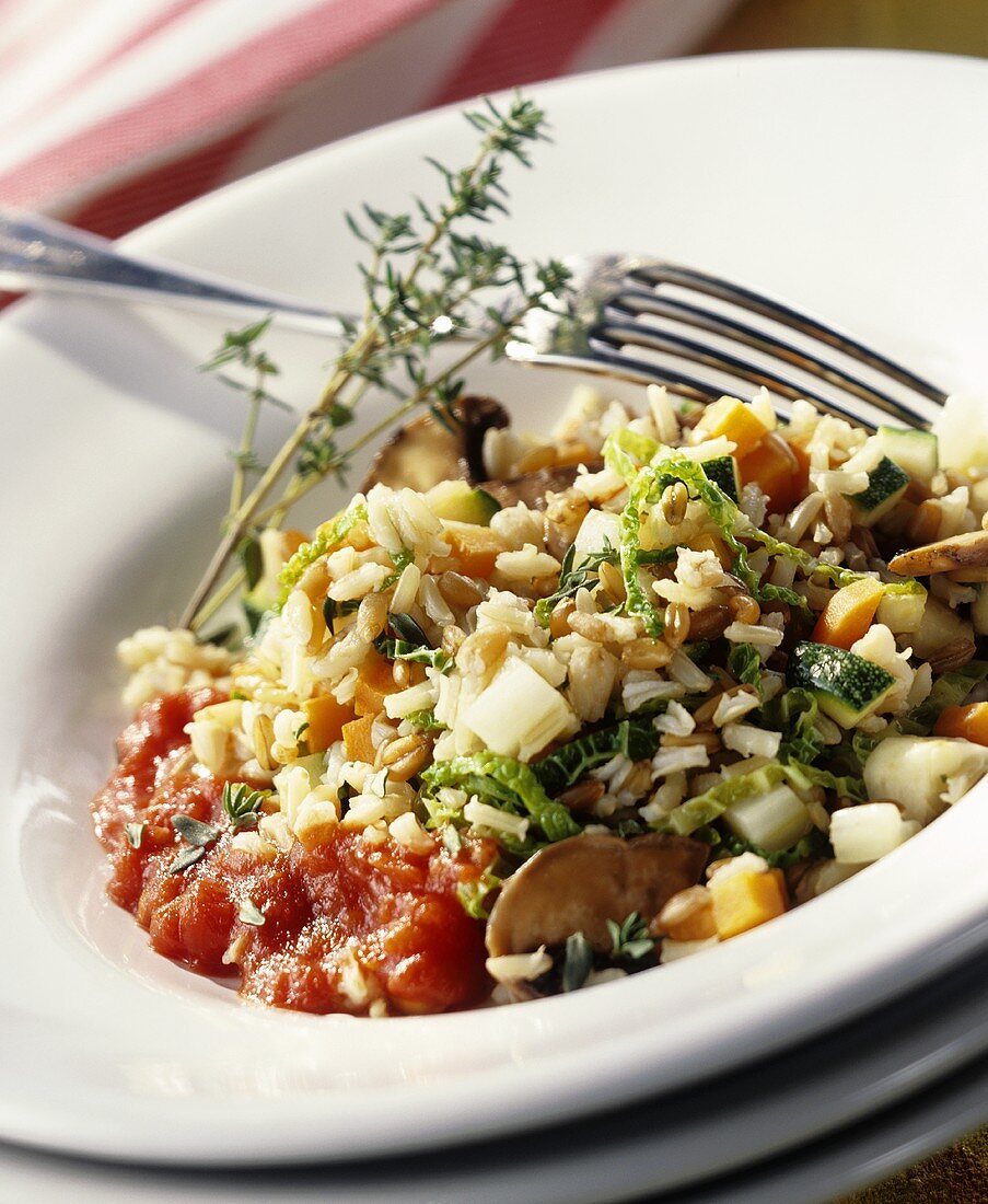 Cereal risotto with vegetables and tomato and thyme sauce