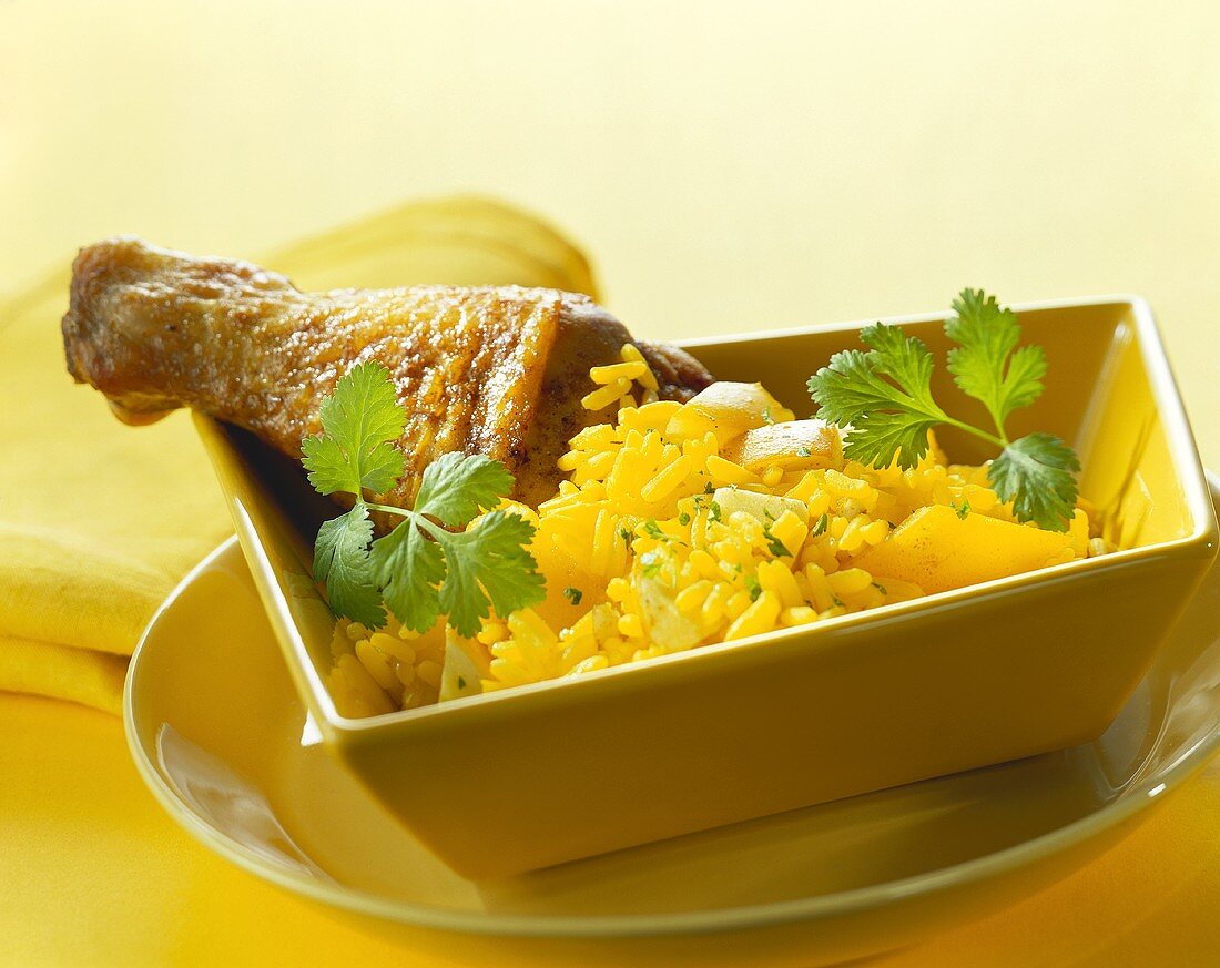 Chicken leg with saffron rice