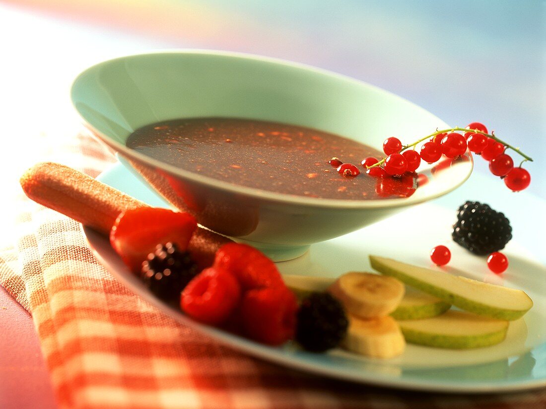 Chocolate fondue with fruit and sponge fingers