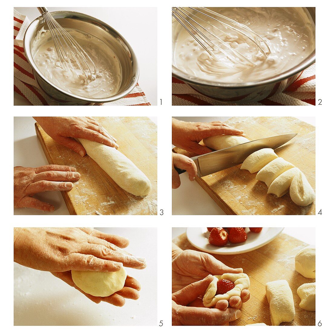 Making dumplings and stuffing them with strawberries