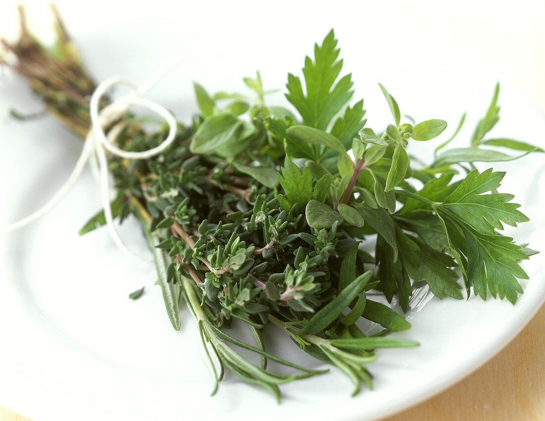 Bunch of fresh herbs on white plate
