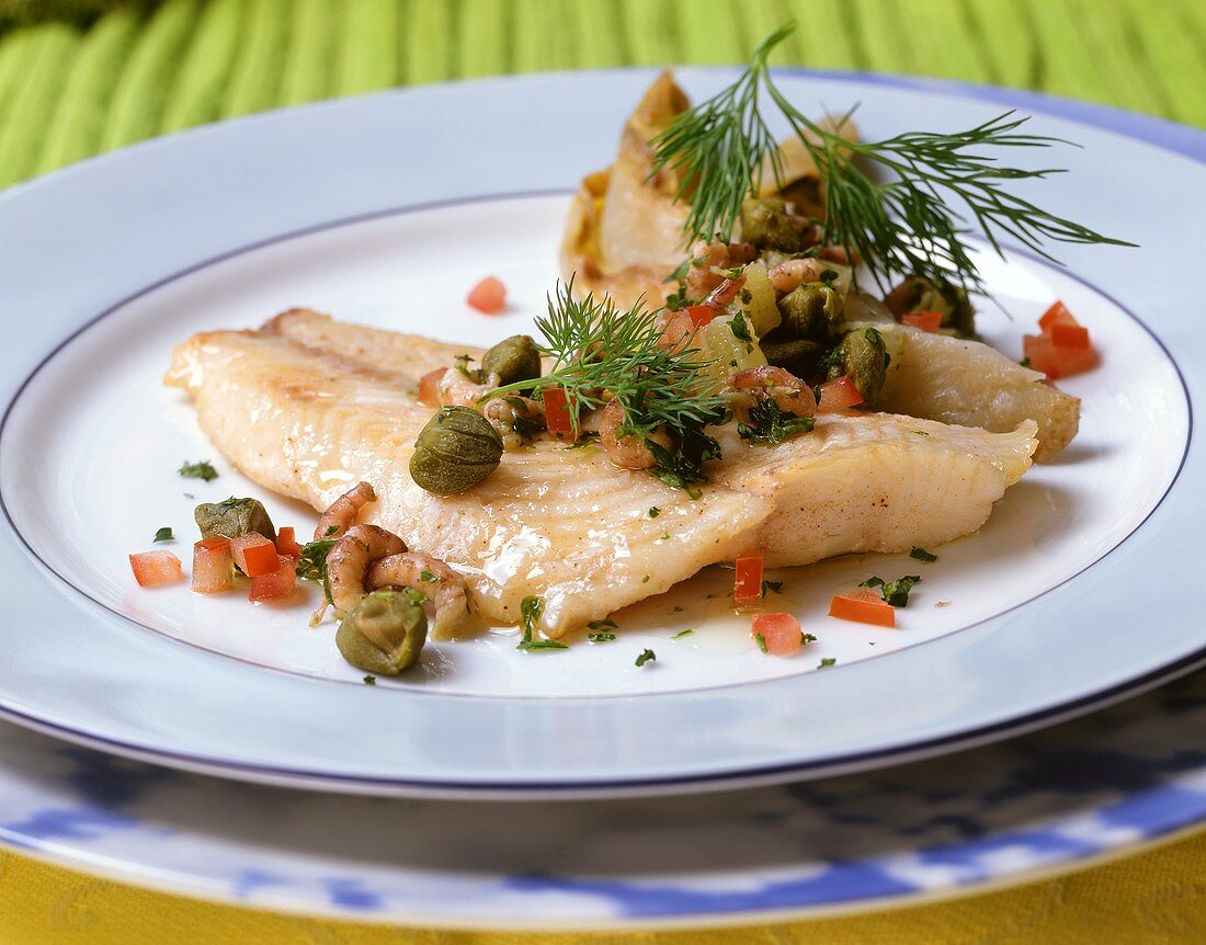 Havel-Zander (pike-perch) with vegetables, capers & shrimps