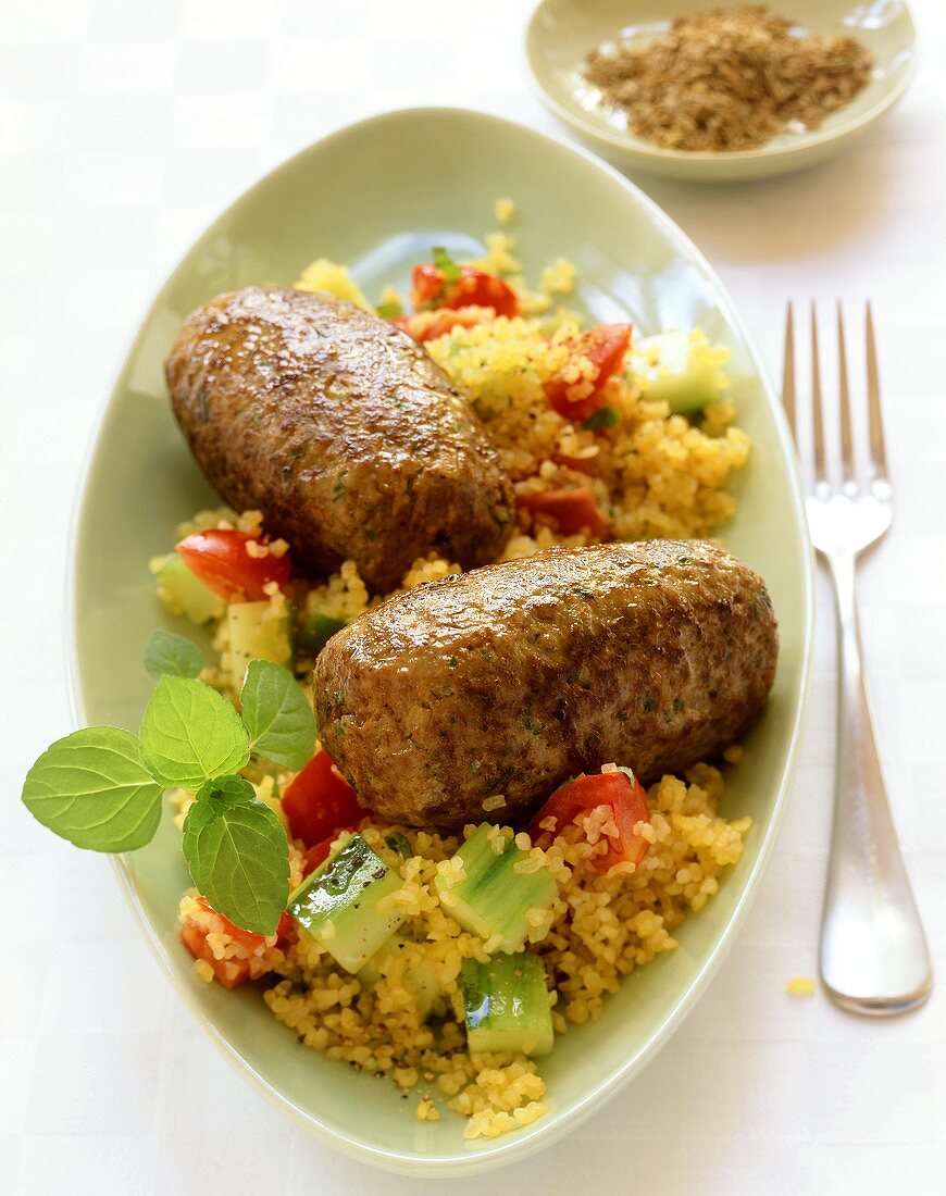 Mince rolls on bulgur salad