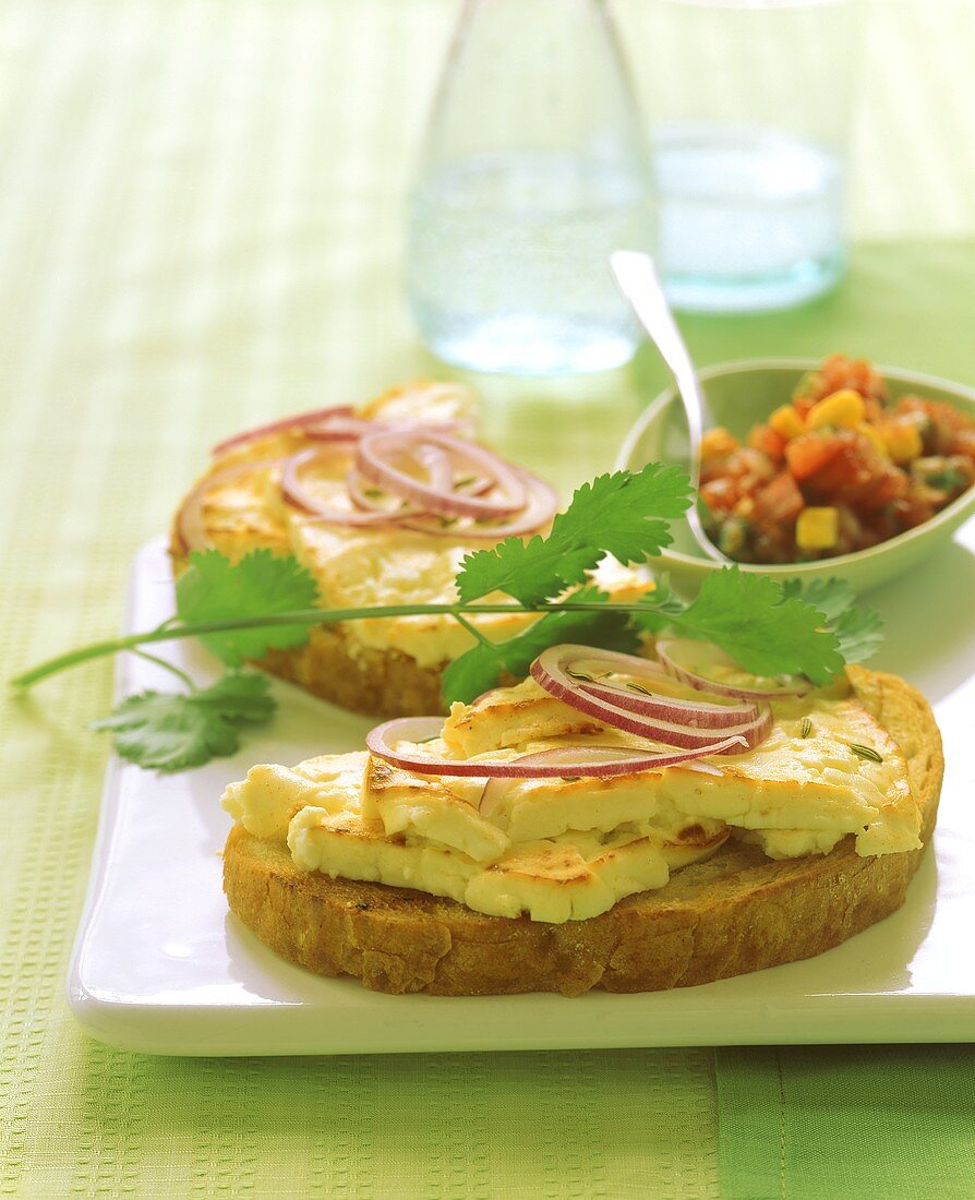 Open grilled cheese and onion sandwich