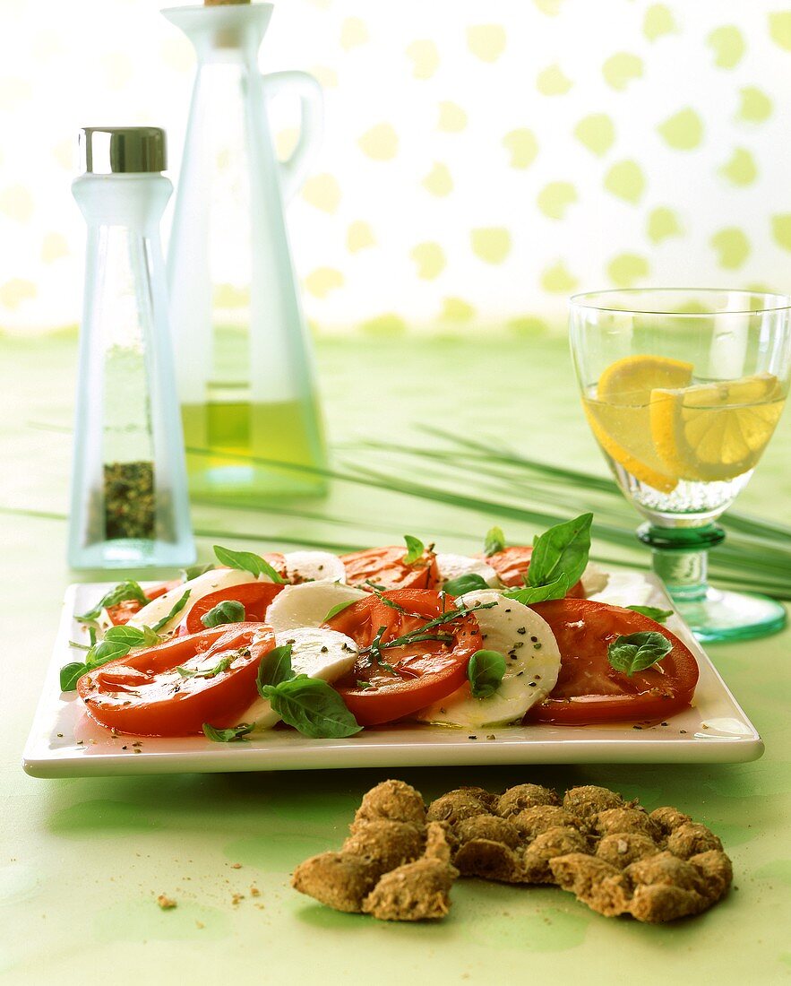 Mozzarella with tomatoes and basil; flatbread