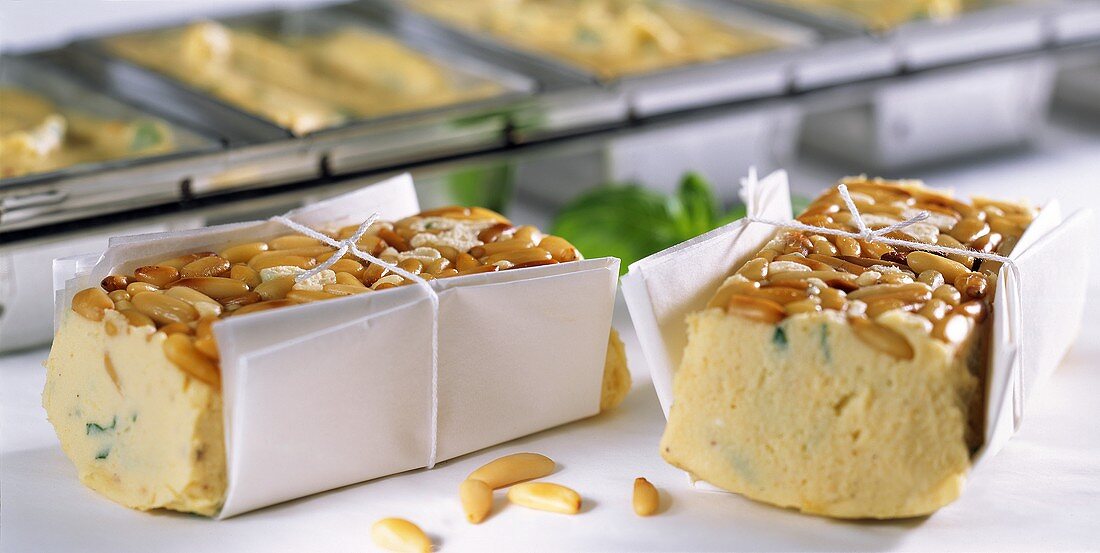 Potato terrine with goat's cheese and pine nuts
