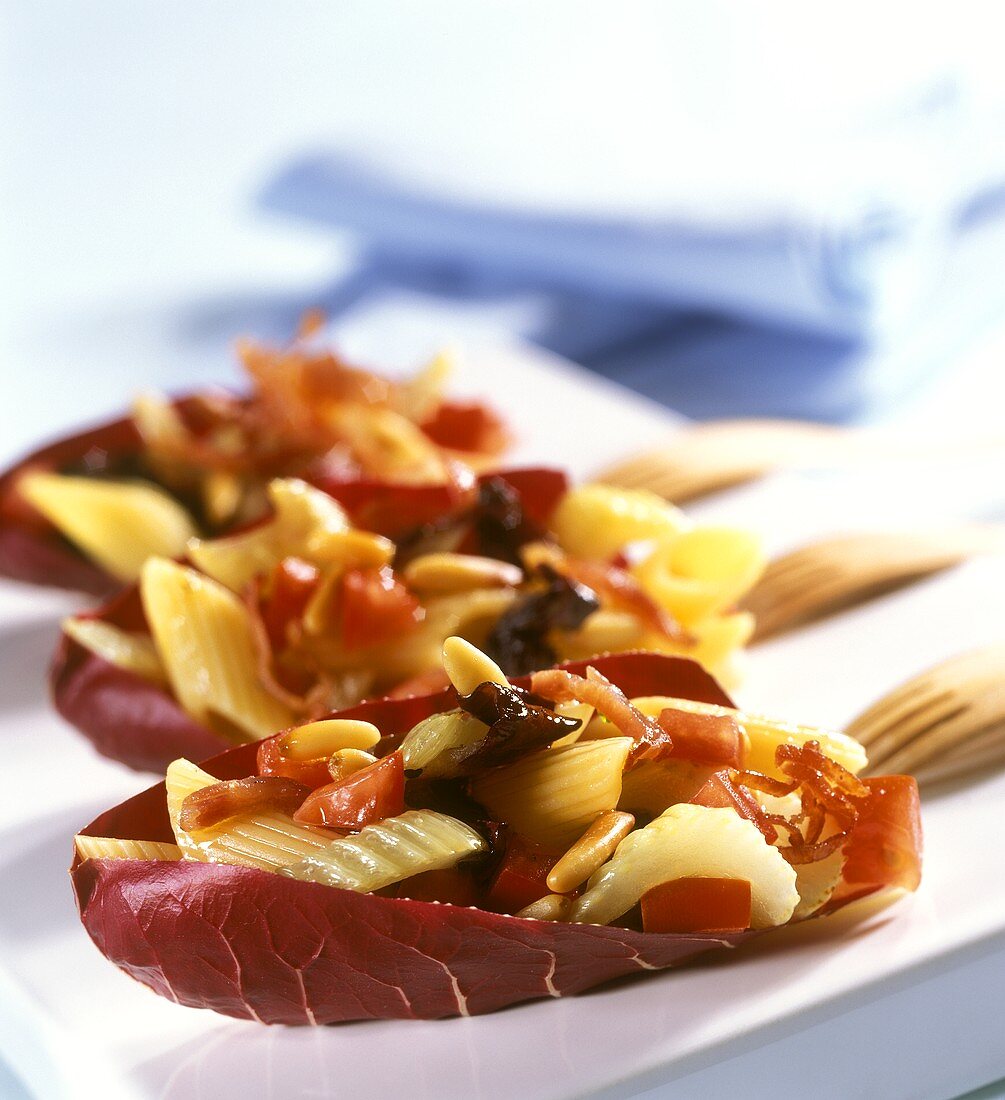 Pasta salad on radicchio leaves