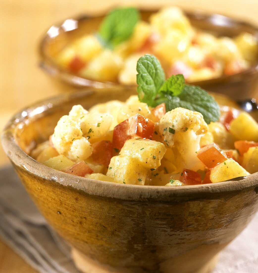 Indischer Kartoffelsalat mit Blumenkohl und Tomaten