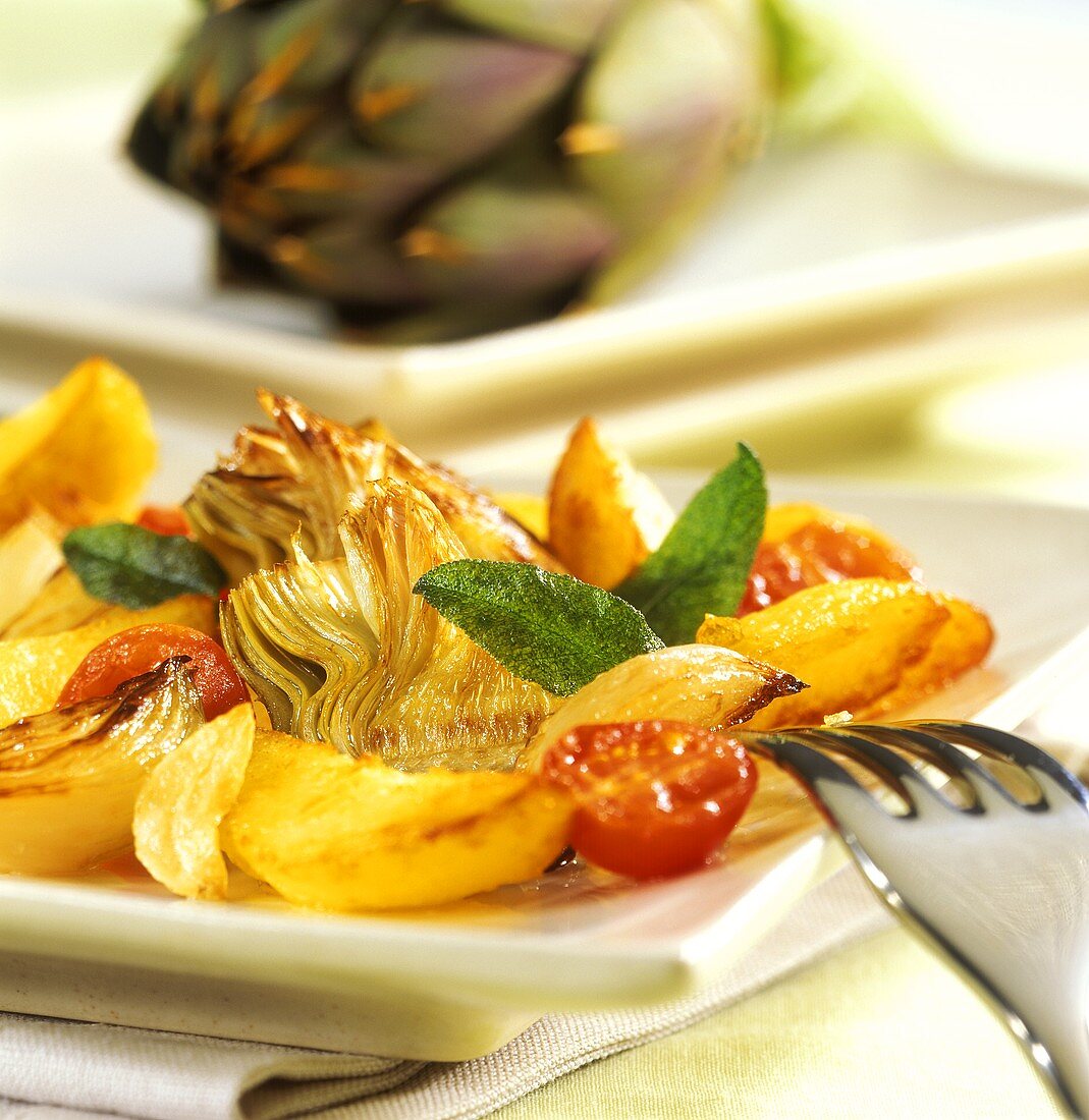 Pan-cooked potato and artichoke dish with cherry tomatoes