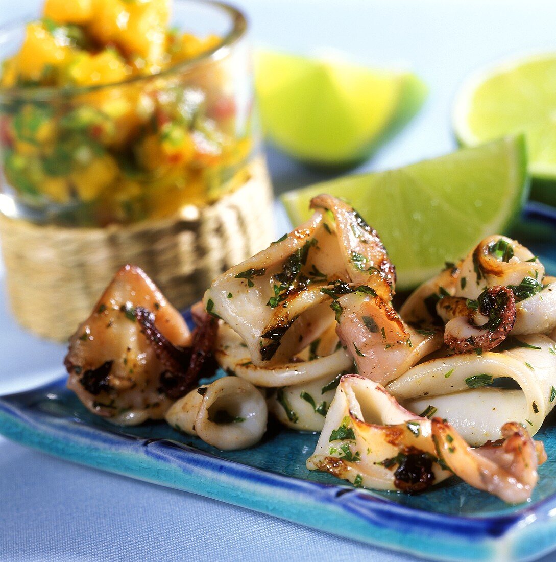 Calamari with limes and papaya salsa