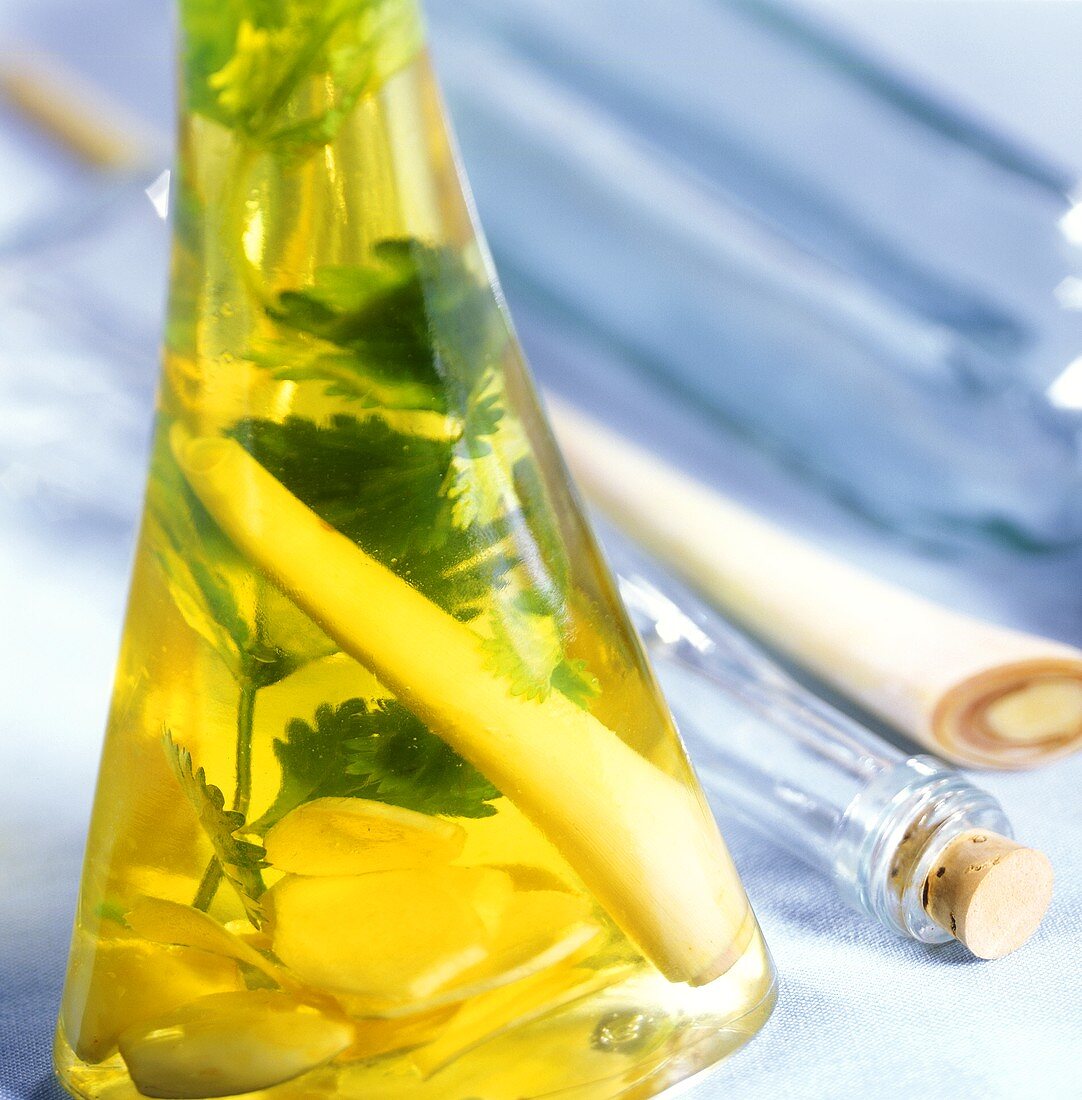 Asian spiced oil with lemon grass in bottle