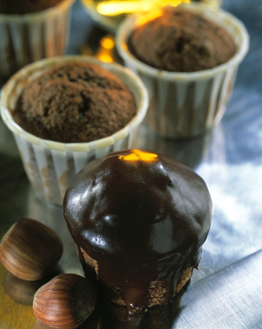 Hazelnut chocolate muffins with chocolate icing