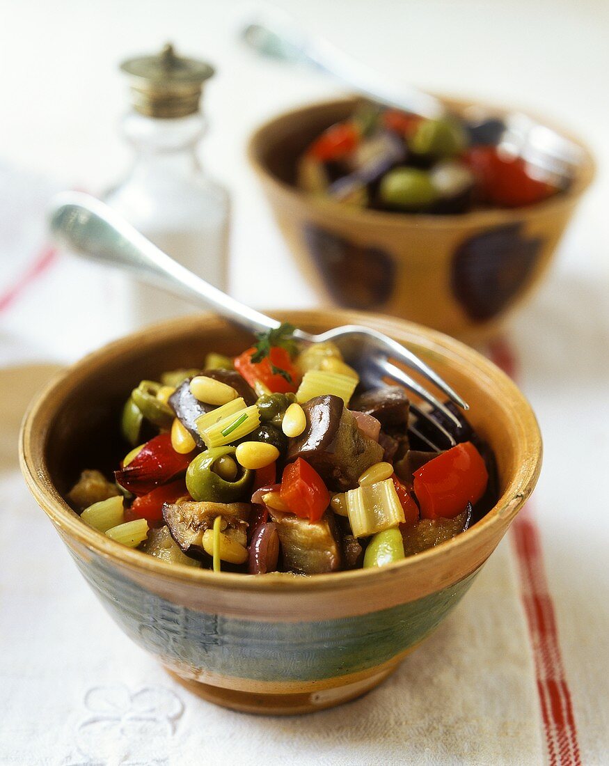Caponata (aubergines with olives, tomatoes, pine nuts)