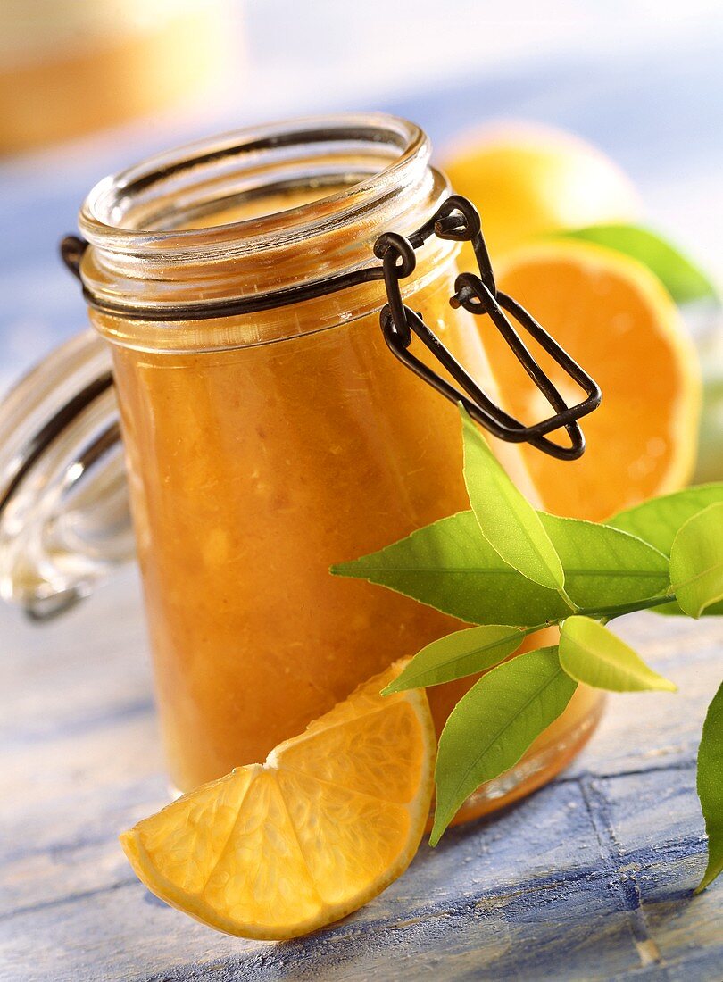 Orange and pear relish in preserving jar
