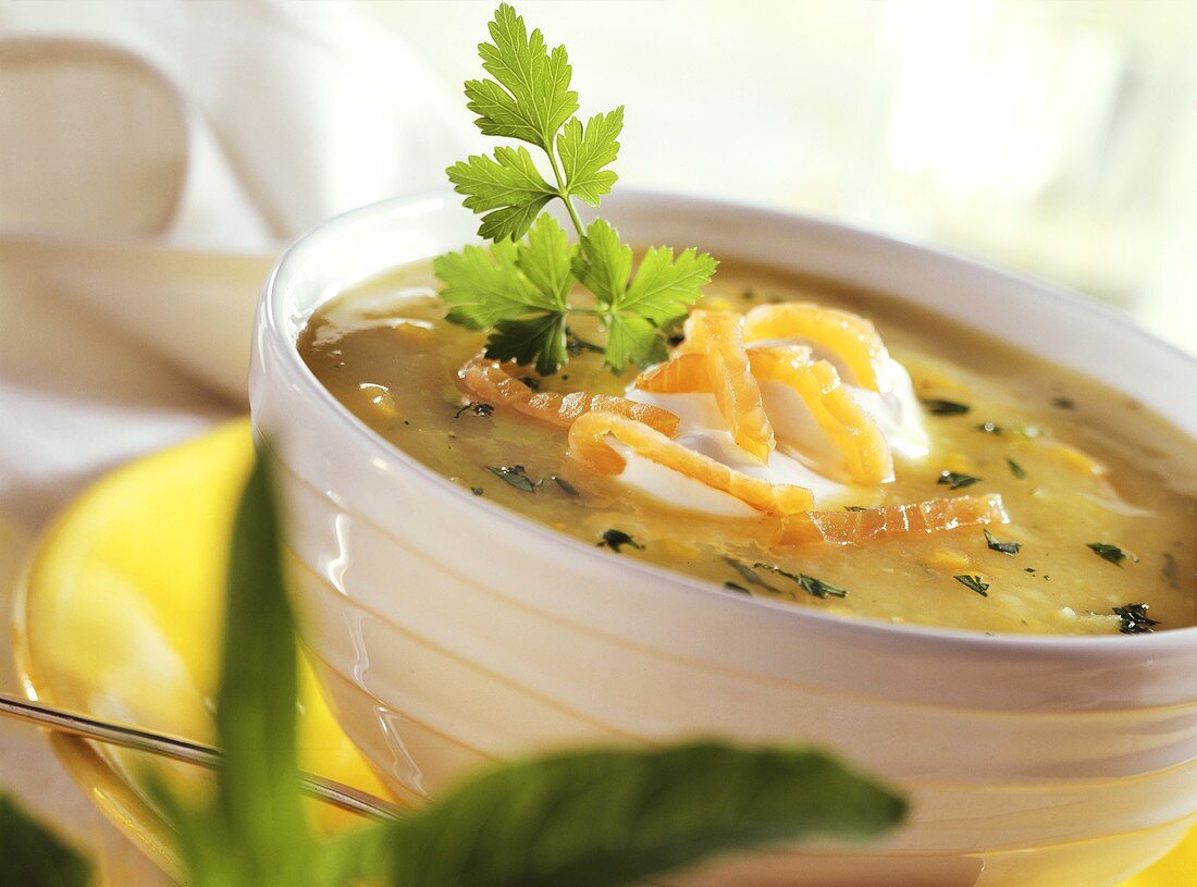Potato soup with salmon and sour cream in soup bowl