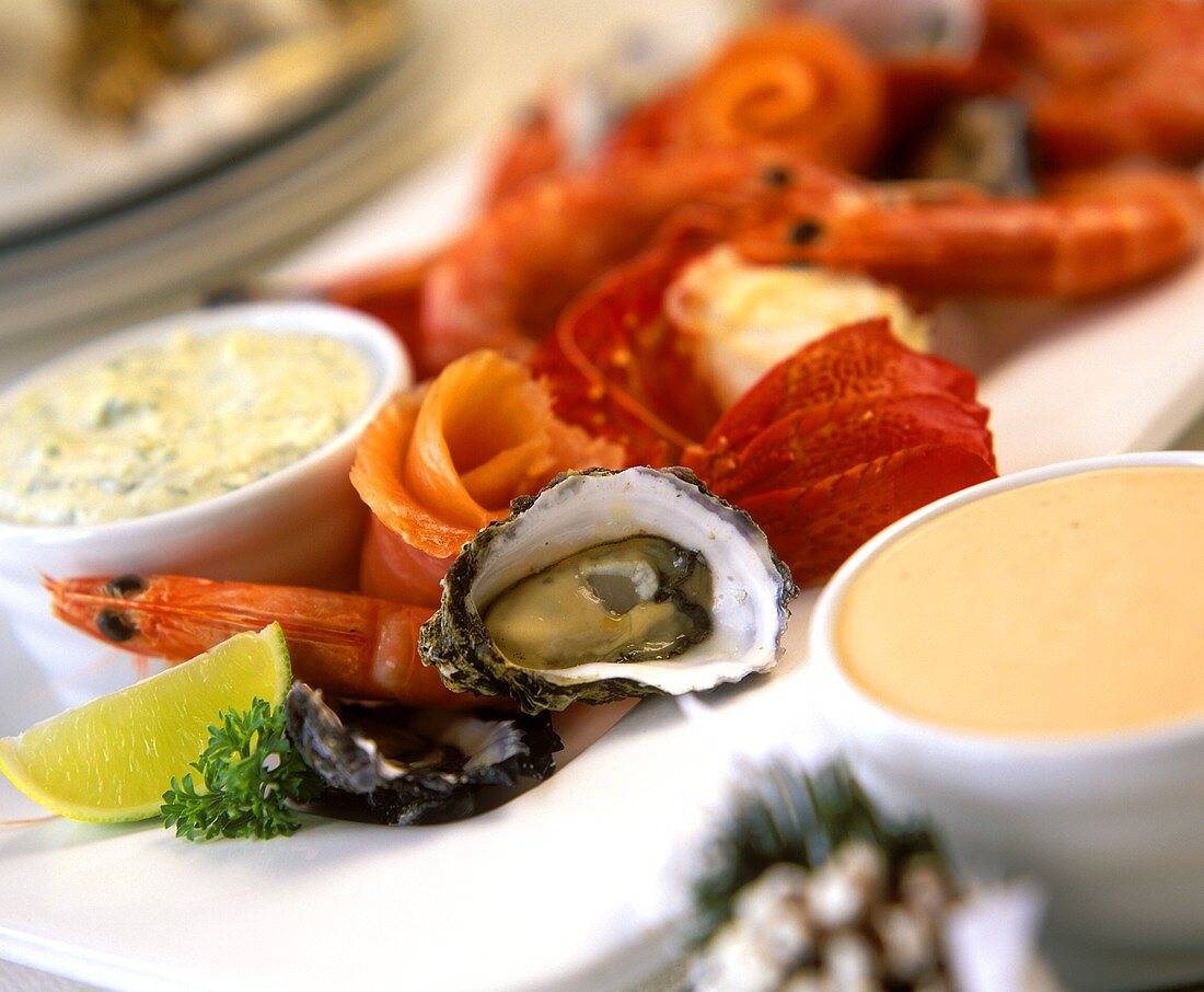 Seafood platter with two sauces