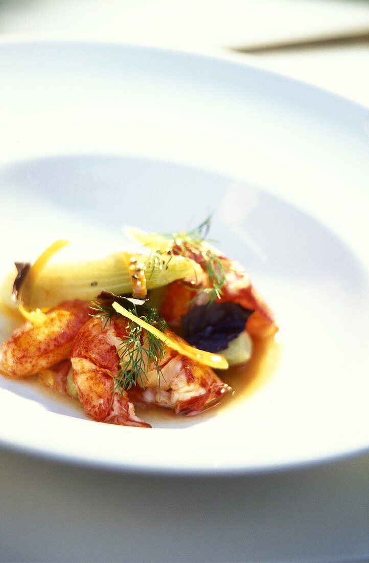 Poached lobster with vegetables and dill