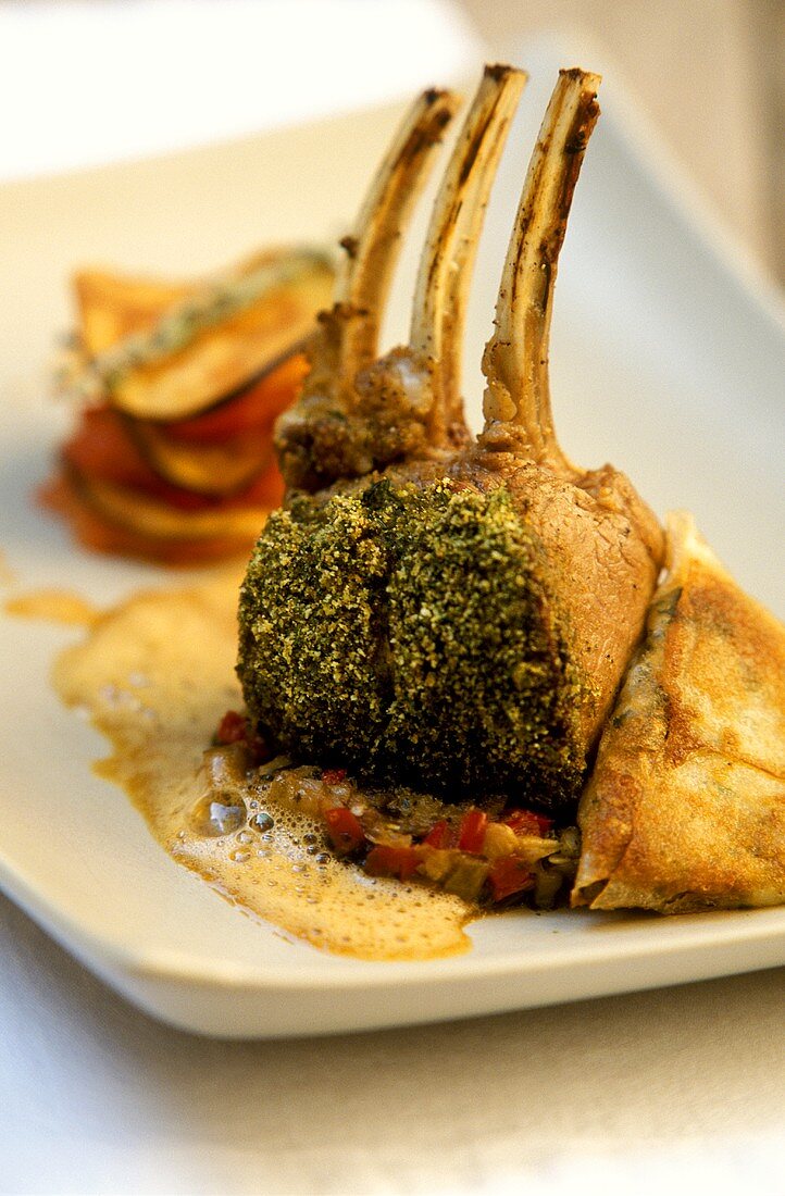 Rack of lamb with herb crust and spinach turnover