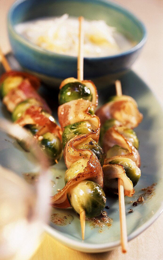 Brussels sprout kebabs with bacon