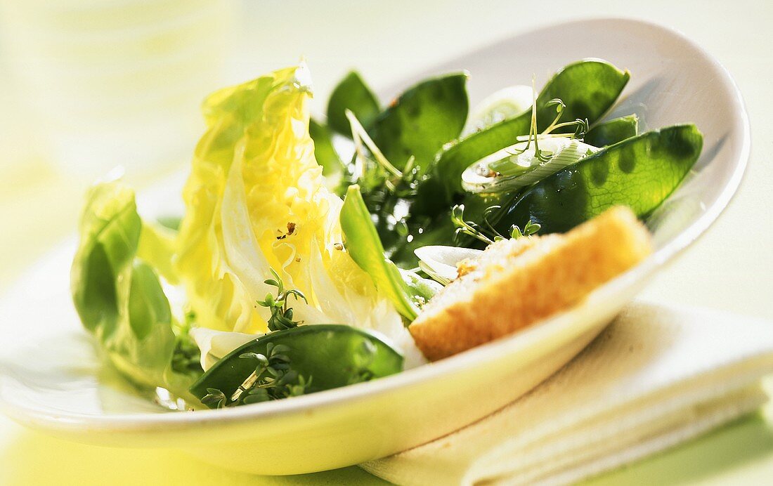Mangetout salad with cress and white bread