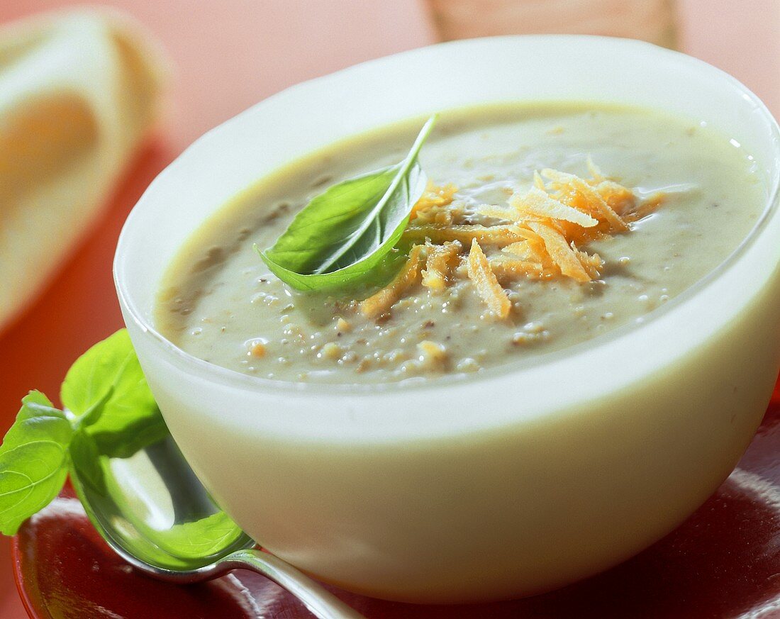 Grünkernsuppe mit geraspelten Möhren und Basilikum