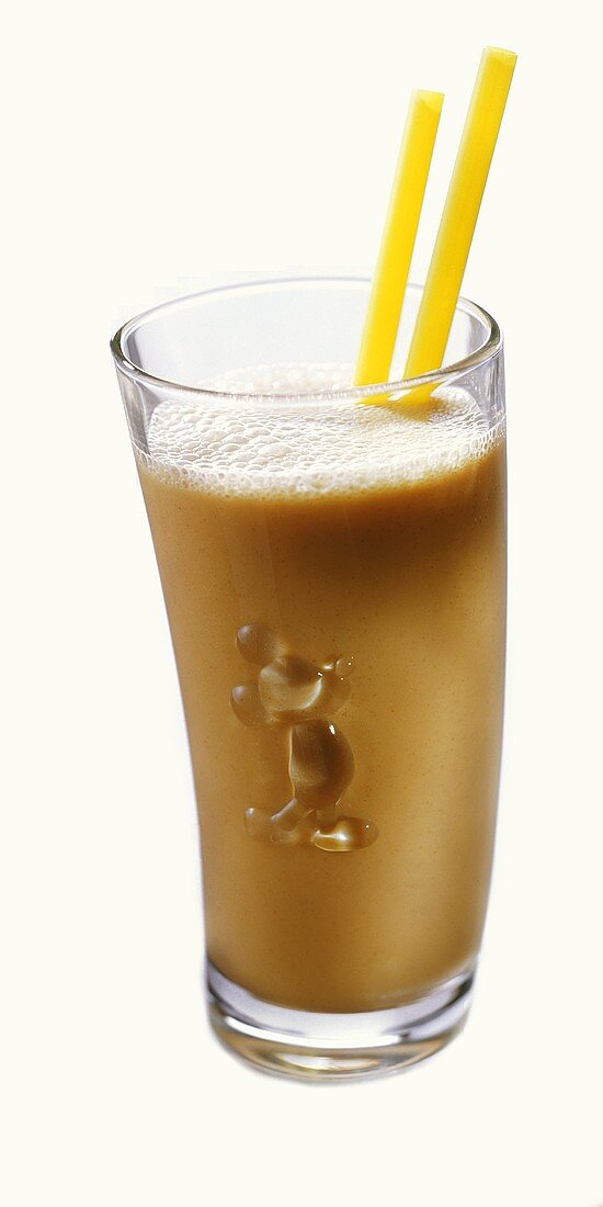 Sea buckthorn frappe in glass with Mickey Mouse motif