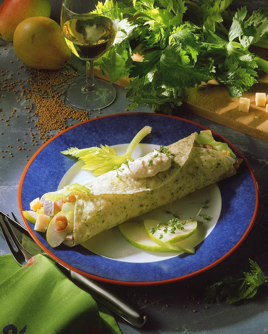 Matje herring and shrimp wrap with pears and cress