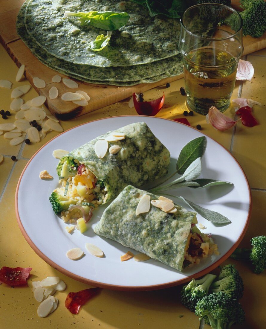 Bulgur & medlar wrap with broccoli, flaked almonds & sage