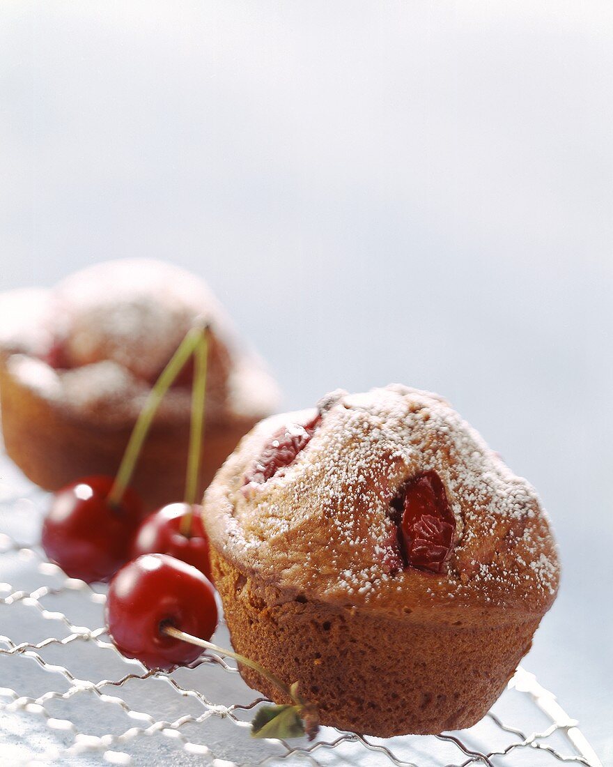 Cherry muffins with icing sugar on cake rack