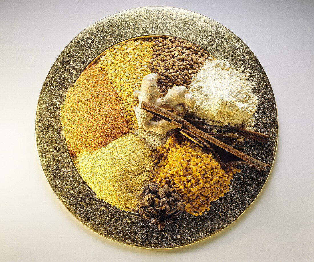 Indian spices and pulses on plate