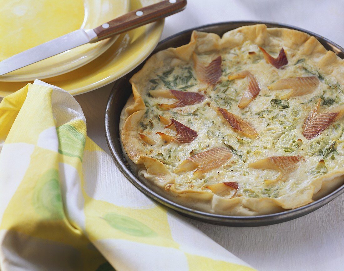 Trout quiche with spring onions in baking dish