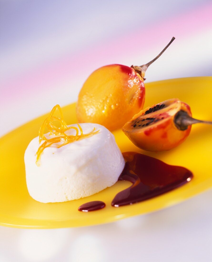 Poached tamarillos with yoghurt mousse and red wine sauce