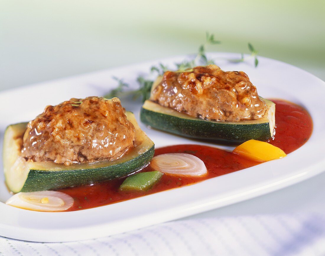 Gefüllte Zucchini mit Lammfleisch in Paprikasauce