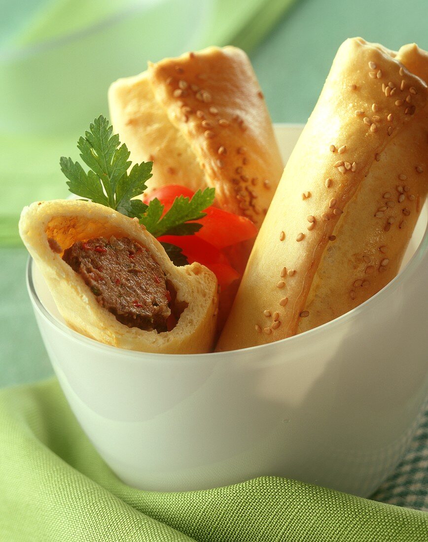 Mince rolls in pastry with sesame